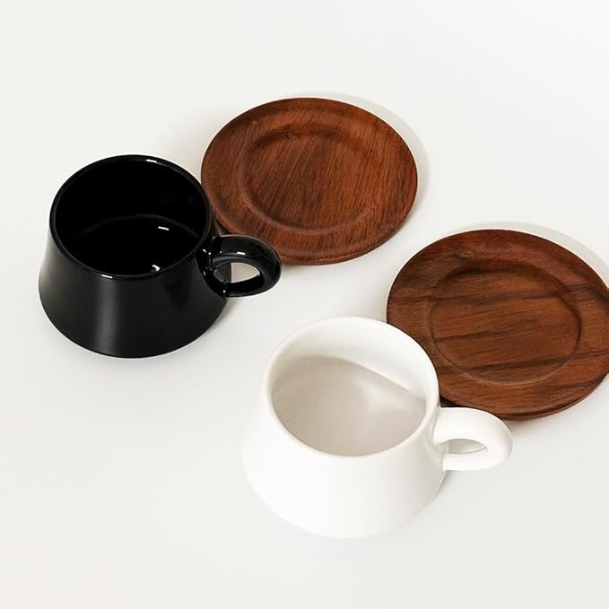Black Cappuccino Mug and Wood Saucer - 7 oz Ceramic Coffee Cup with Saucer | Microwave Dishwasher Safe | For Tea, Espresso, Latte | Porcelain Cup Set for Kitchen Cafe | Great Gift