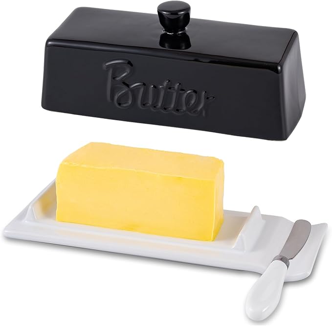 TEATALK Ceramic Butter Dish with Lid and Knife - Large Butter Holder, Farmhouse Style, 8-Inch Porcelain Butter Keeper with Scraper Edge, Black & White