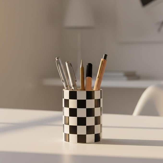 Ceramic Toothbrush Holder Toothpaste Holders, Cute Bathroom Tumbler Cups Reusable,Checkered Bathroom Counter Decor Organizer, Makeup Brush Holder,Pen Holder (Black)