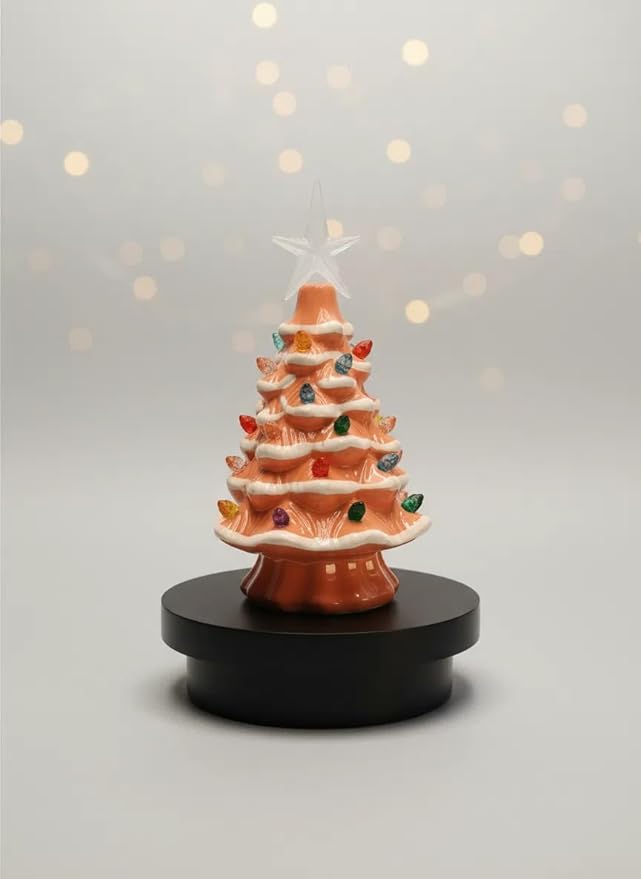 Small Resin Christmas Tree Decor, Tabletop Christmas Tree Star Topper, Holiday Decoration with 40 Multi-Color Lights, Xmas Fall Decorations for Home (Pink-White)