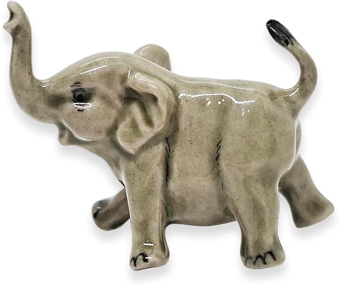ChangThai Design Tiny 1¾" Light Gray Baby Elephant Walk Lift Trunk Figurine - Miniature Hand Made Painted Ceramic Asian Elephants Cute Wild Animals Porcelain Decorative Collectible Figures Décor Gifts