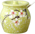 Ceramic Flower Sugar Bowl Seasoning Pot Salt Storage Jar with Lid Spoon