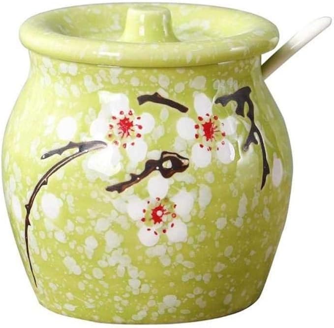 Ceramic Flower Sugar Bowl Seasoning Pot Salt Storage Jar with Lid Spoon