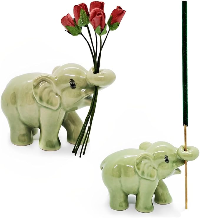ChangThai Design Tiny 2½" Green Baby Elephant Curling Up Trunk Figurine - Miniature Hand Made Painted Ceramic Asian Elephants Cute Wildlife Animals Porcelain Decorative Collectible Figures Décor Gifts