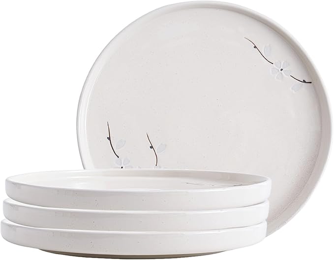 Ceramic Appetizer & Dessert Plates, 8-Inch Round Serving Plates (4-Pack, White Flowers)