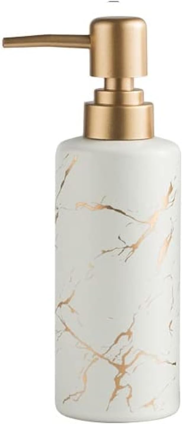 Gold Soap Dispenser for Bathroom or Kitchen, Skinny Ceramic Lotion Bottle with Marble Pattern, Rust-Free Pump(White)