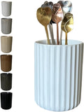 Stoneware Coffee Bar Utensil Holder Tea & Coffee Spoon & Stirrer Holder for Stir Stick Straw Teaspoon Holder Spoon Cup Small Utensil Jar Fluted Vertical Stripe (Pure White)