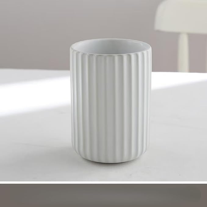 Stoneware Coffee Bar Utensil Holder Tea & Coffee Spoon & Stirrer Holder for Stir Stick Straw Teaspoon Holder Spoon Cup Small Utensil Jar Fluted Vertical Stripe (Pure White)
