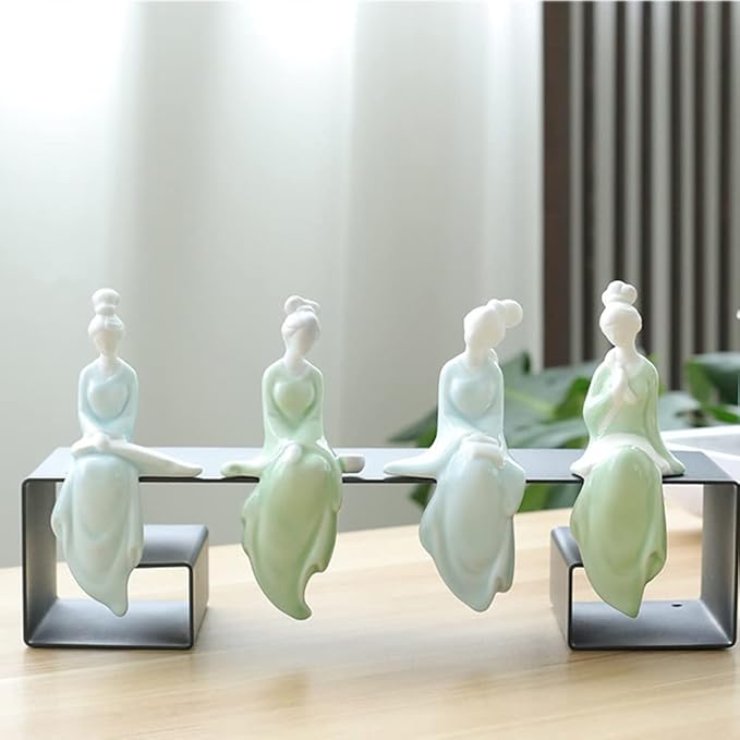 Ceramic Minimalist Statue, Chinese Ancient Beauty Lady Statues and Sculptures Table Top Bookshelf Top Desk/Bookshelf/Dinning Table Home Decor, Yoga/Zen/Meditation Decor (Set of 4)