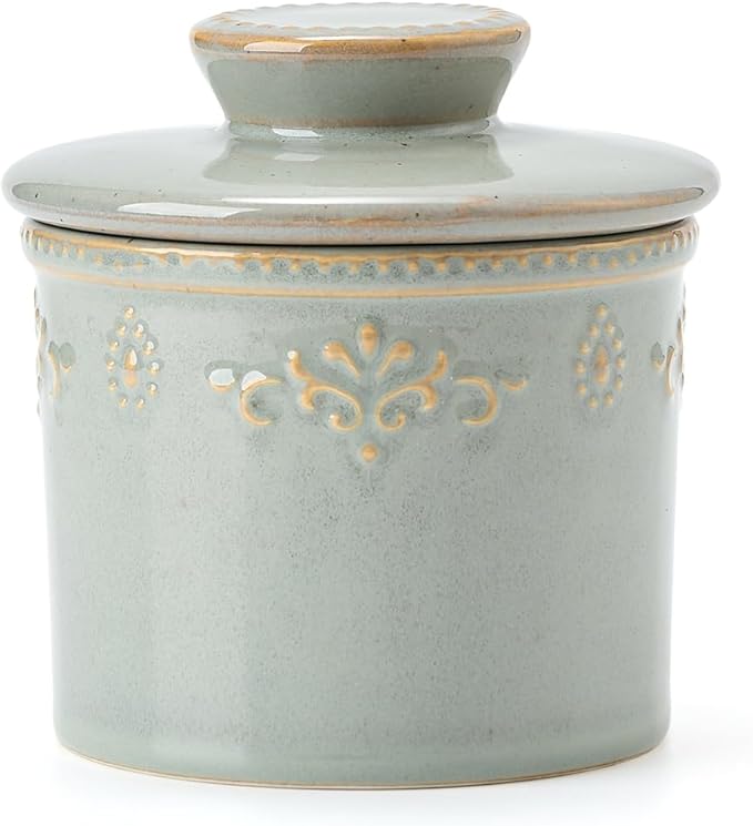 XELA Ceramic Butter Dish - French Butter Crock With Water Line - Keeps Your Butter Fresh and Spreadable - Vintage Turquoise