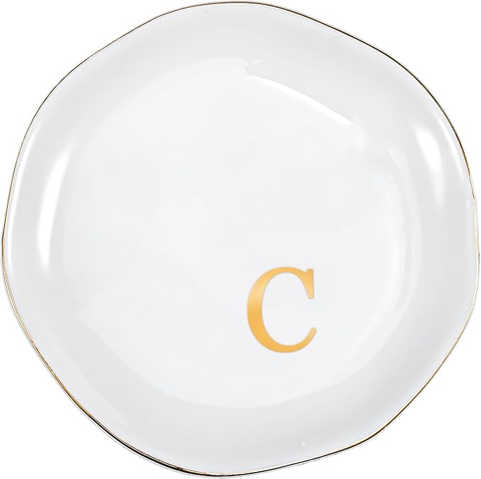 ProCase Ceramic Jewelry Tray, Initial Ring Dish Trinket Plate Engagement Gift, Small Personalized Monogram Ring Bowl for Wedding, White Decorative Jewelry Holder for Women Vanity -Letter C