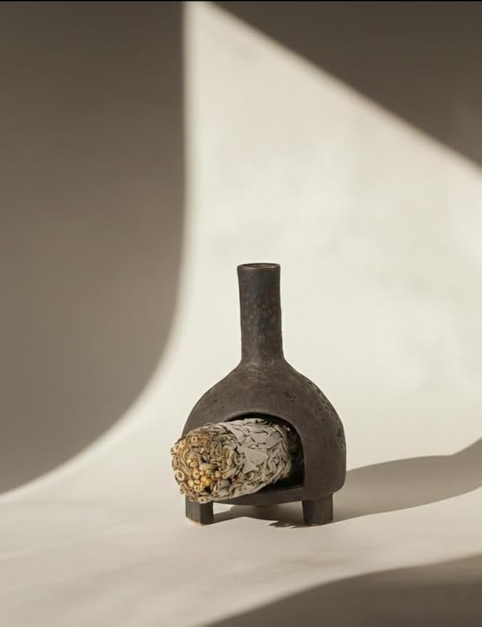 Sculptural Ceramic Incense Holder & Burner, Handmade Textured Clay with Black Glaze, for Sage & Palo Santo, Rustic Natural Centerpiece for Yoga & Meditation