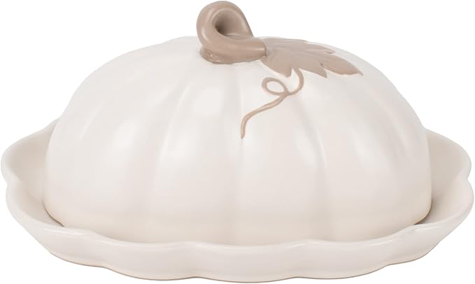 Nat & Jules Pumpkin Shaped 8 x 6 Inch Ceramic Scalloped Covered Lid Butter Dish: Perfect for decorating table settings for Thanksgiving, Halloween & Indoor Fall Décor, White