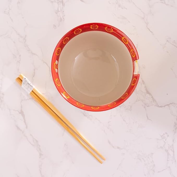Urban Tokyo Handpainted Ceramic Glazed Japanese Ramen Udon Noodle Rice Bowl With Chopsticks 20 fl oz 5 inch Diameter Bowl Sets Color Box Packaging (Crane and Moon Design)
