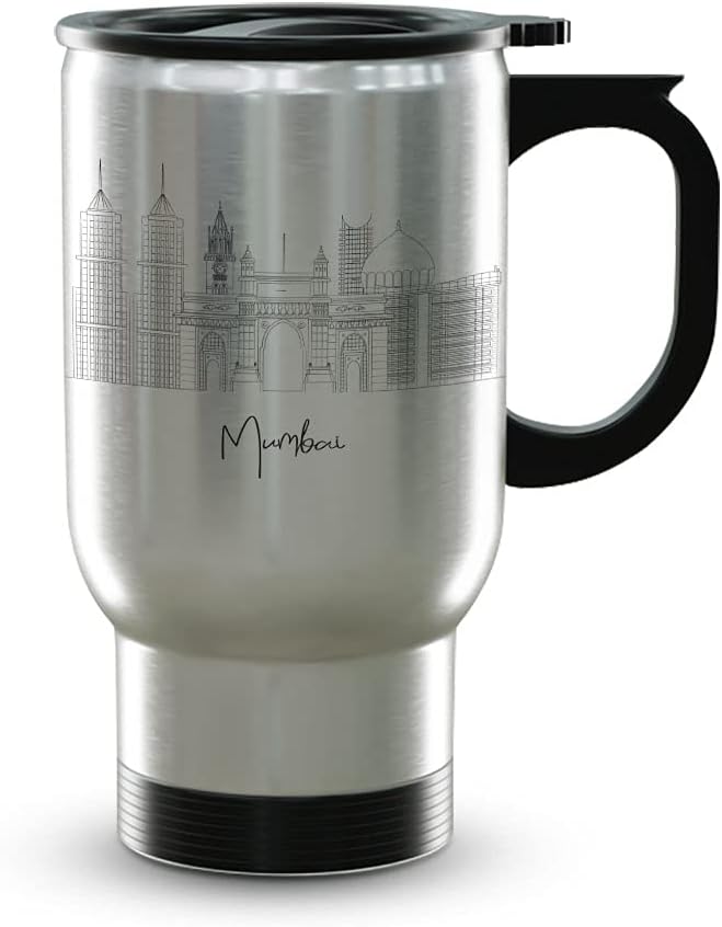 Mumbai Skyline Steel Mug, Asia Skyline 14oz Travel Mug with Handle & Lid Custom Travel Tumblers, Gift For Birthday, Spill Resistant Tumblers for Women, Personalized Tumbler