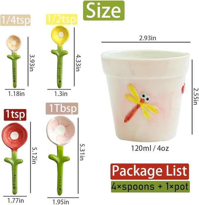 Flower Measuring Spoons Set in Pot - Ceramic Baking Measuring Spoons with Holder for Dry & Wet Ingredients - Cute Flower Figurine - Dishwasher Safe - 1 Tbsp, 1/2 Tsp, 1/4 Tsp - Unique Gift - Blue