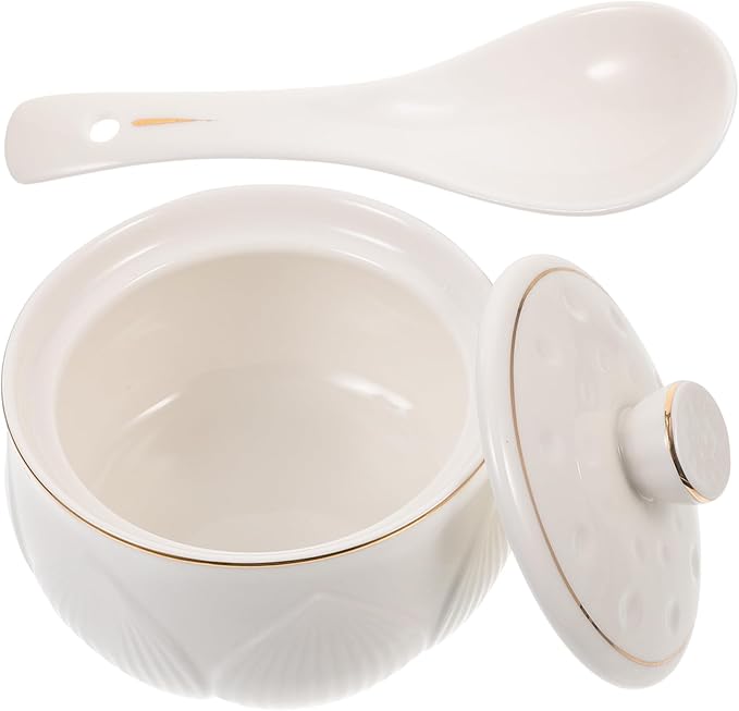 Alipis Luxury Ceramic Stew Bowl Set with Lid and Spoon High-End Gold Trim for Soups and Desserts Kitchen Steaming Bowl for Home Use
