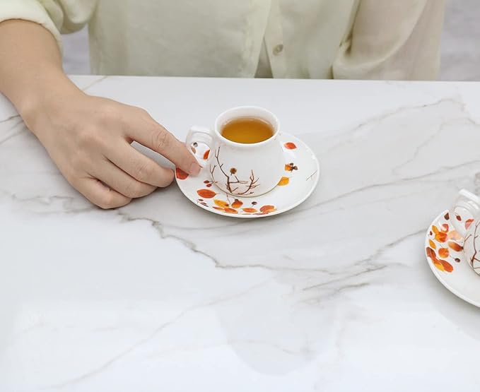 GuangYang 2.5 oz Espresso Cups and Saucers set of 6,Fall Design (Cute Shape for Double Espresso Shots, Ristretto, Macchiato,Café Cubano, and Turkish Coffee)