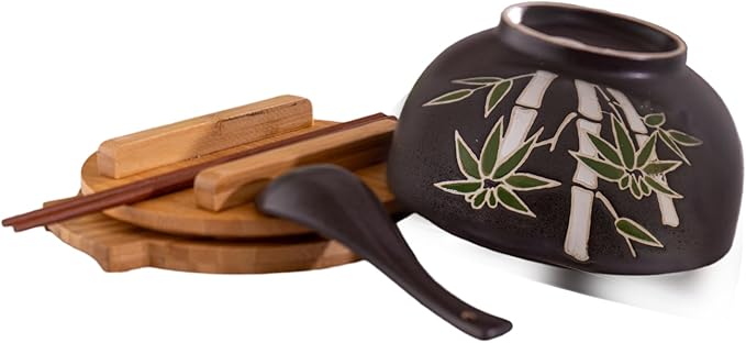 Urban Tokyo Japanese Kamameshi Style Ceramic Glazed Japanese Ramen Udon Pho Noodle Bowl With Spoon, Bamboo Lid, Chopsticks and Trivet 5 Piece Set (Asian Bamboo)