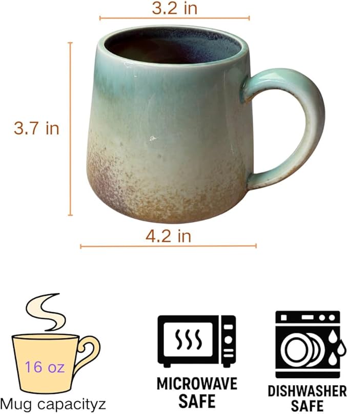 Handcrafted Ceramic Coffee Mug, 16 oz Unique Reactive Glaze Stoneware Mug, One-of-a-Kind Artisan Pottery Tea Cup, Tapered Anti-Slosh Design for Heat Retention, Gift Ready Packaging for Home Office