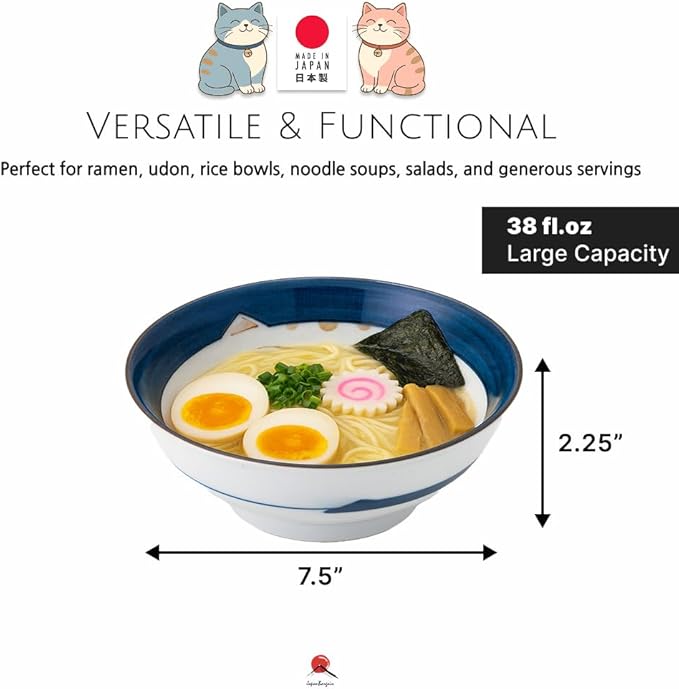 JapanBargain, Set of 4 Japanese Porcelain Bowls, Large 7.5 Inch Ramen Udon Noodle Rice Soup Pho Poke Cereal Bowl, Maneki Neko Smiling Lucky Cat Pattern, Blue, Made in Japan