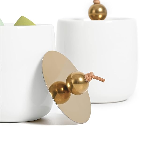 2 Pack Ceramic Qtip Holder Dispenser with Gold Lids, White Apothecary Jars Bathroom Vanity Organizer for Home Decor - Bathroom Canister for Cotton Swabs, Rounds, Balls, Makeup Sponges, Bath Salts