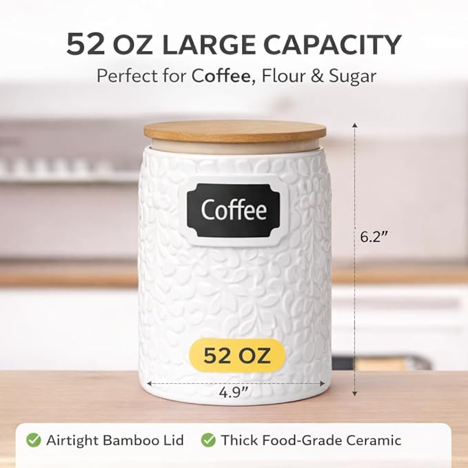 Ceramic Canister for the Kitchen (52oz/1537ml) – Airtight Kitchen Counter Storage with Bamboo Lids, Decorative Flour Sugar Coffee Jars for Pantry & Home