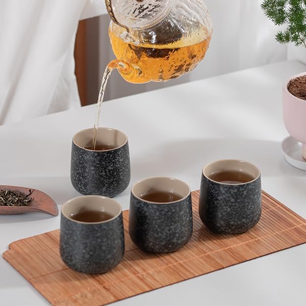 TEANAGOO Japanese Tea Cups Set of 4pcs, 6.9oz/205ml Elegant Ceramic Matcha Cups with Flat Base, Charcoal Black Handleless Coffee Mugs, Microwave & Dishwasher Safe, Beautiful Gift Box