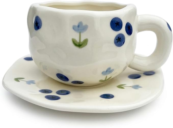 TREEWOO Hand Painted Blueberry Ceramic Coffee Cup and Saucer Set, 250ml/8 oz, Korean Style, Hand Pinched Irregular Cappuccino Latte Tea Cup