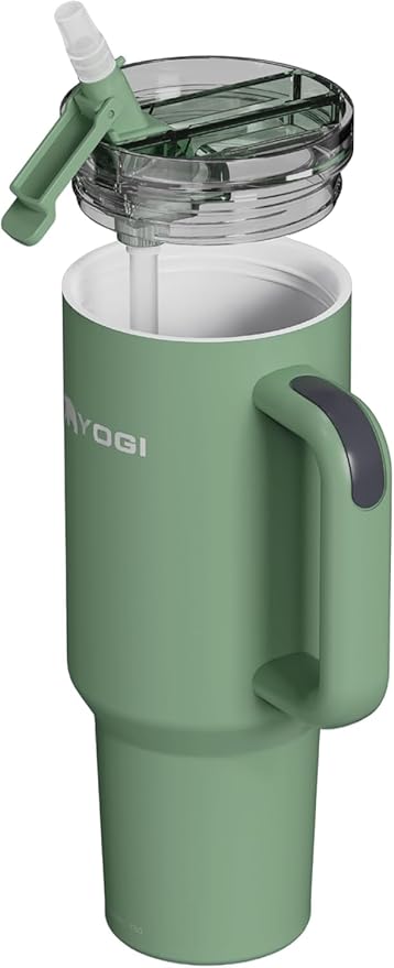 YOGI Ceramic Lined Metal Allergy Safe 40oz Tumbler with Handle and Straw Leakproof Flip & Sip Lid Vacuum Insulated Stainless Steel Travel Cup for Iced Coffee Water and All-Day Hydration 40oz Sage