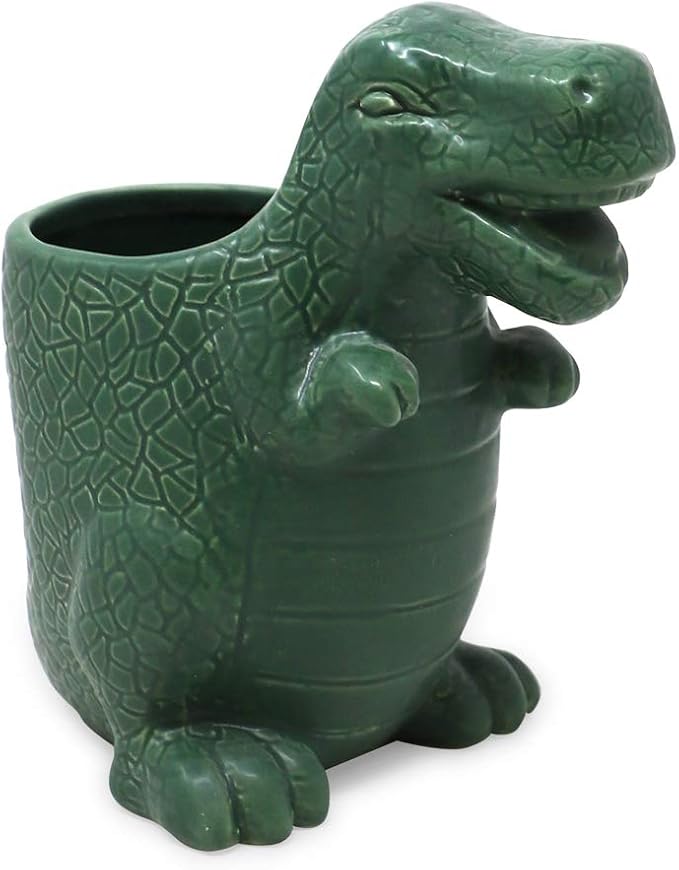 Isaac Jacobs Green Ceramic Dinosaur Cup, Toothbrush Holder, Multi-Purpose Organizer, – Great for Toiletries, Bathroom, Kitchen, Crafts, Desk, Novelty Bathroom Accessory (Single Cup, Green)