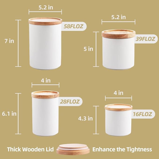 Sweejar Kitchen Canisters Ceramic Food Storage Jar Set, Stackable Containers with Airtight Seal Wooden Lid for Serving Ground Coffee, Tea, Herbs, Grains, Sugar, Salt - Set of 4 (Gray)