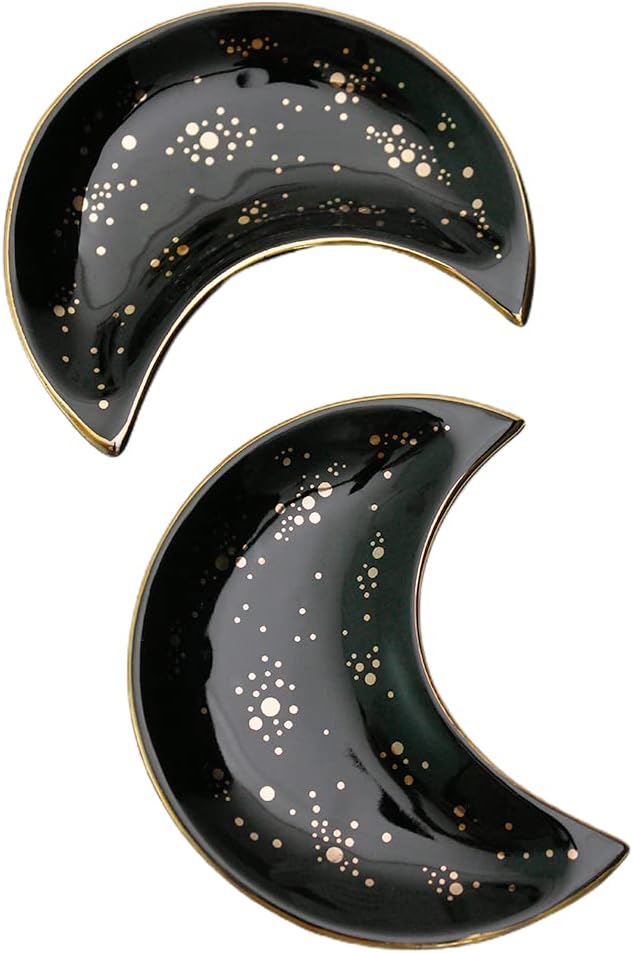 Soddeph Small Moon Ceramic Jewelry Tray, Decorative Trinket Dish, Ring Holder Plate, Modern Accent Tray for Bathroom, Nightstand, Entryway Table, Vanity (2, Black)