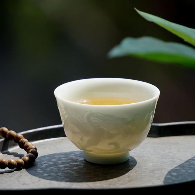 2Pcs Ceramic Tea Cup, 1.5 Oz Handmade Chinese Teacup, Mini Japanese Sake Cups, No Handle Asian Embossed Double Dragon Cup for Kungfu Style Tea Ceremony, Hot Tea, Matcha, Dishwasher Safe
