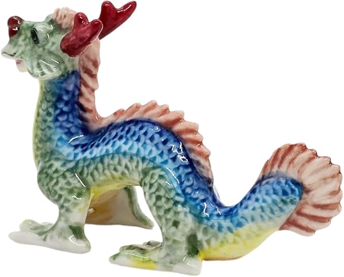 WitnyStore 3¼" Multicolor Chinese Asian Dragon Ceramic Figurine for Terrarium Decoration Collectible Statue for Adult Collectors Handcrafted Porcelain Ornament Sculpture Home Room Tabletop Decor