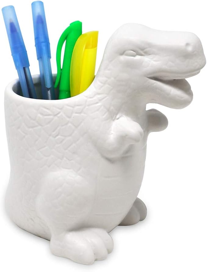 Isaac Jacobs White Ceramic Dinosaur Cup, Toothbrush Holder, Multi-Purpose Organizer, – Great for Toiletries, Bathroom, Kitchen, Crafts, Desk, Novelty Bathroom Accessory (Single Cup, White)