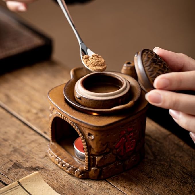 Traditional Chinese Ceramic Incense Burner and Tea Warmer, Brown Stone-Like Finish, 3.94x3.15x3.35 Inches, Multi-Purpose Design with Tea Roasting and Aromatherapy Functions (Stovetop Steamer Style)