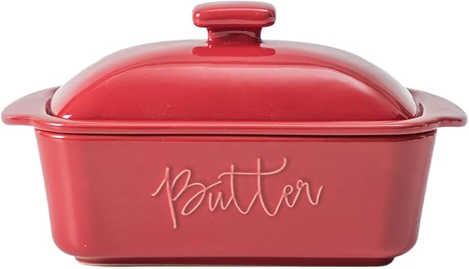 FE Butter Dish, 10 oz Ceramic Butter Keeper with Water Line, French Butter Dish with Lid for Countertop (Apple Red)