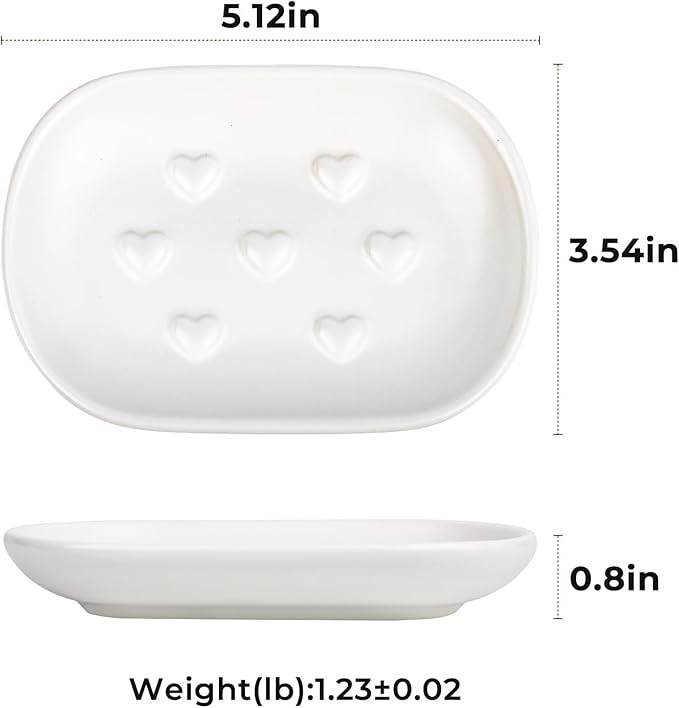 HILLSPRING Ceramic Soap Dish with Charming Heart Bumps, Drainage Design Keeps Soap Dry, Decorative Bar Soap Holder for Bathroom, Kitchen Sink, Vanity, Matte White, 5"x3.5"