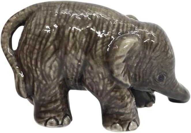 ChangThai Design Tiny 2" Gray Baby Elephant Bending Down Figurine - Miniature Hand Made Painted Ceramic Asian Elephants Cute Wildlife Animals Porcelain Decorative Collectible Figures Décor Gifts