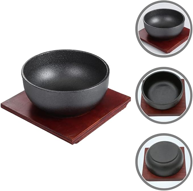 Zerodeko Noodle Bowl Dolsot Bibimbap Bowl Cast Iron Korean Stone Sizzling Hot Pot Cooking Korean Soup with Wood Base for Soup Rice Stew s