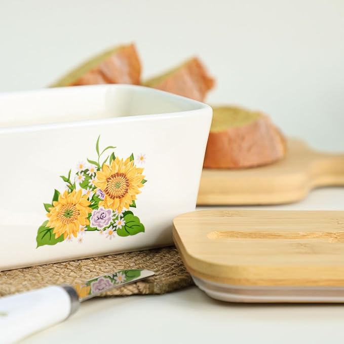 WAIT FLY Flower Ceramic Butter Dish with Bamboo Lid and Knife, 2 Sticks Butter Dish Butter Container Keeper for Kitchen Countertop, Home Decorative-Sunflower