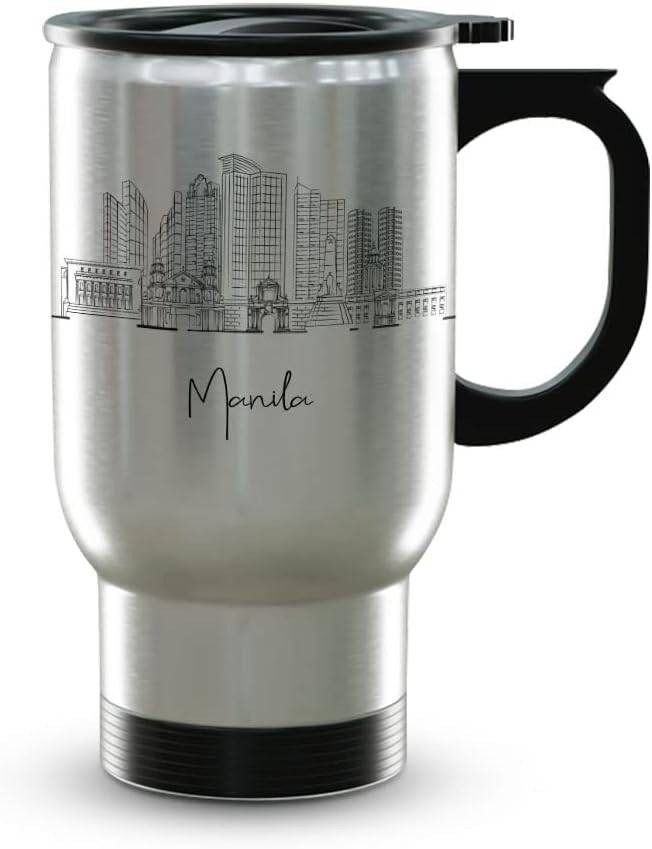 Manila Skyline Steel Mug, Asia Skyline 14oz Travel Mug with Handle & Lid Custom Travel Tumblers, Gift For Birthday, Spill Resistant Tumblers for Women, Personalized Tumbler