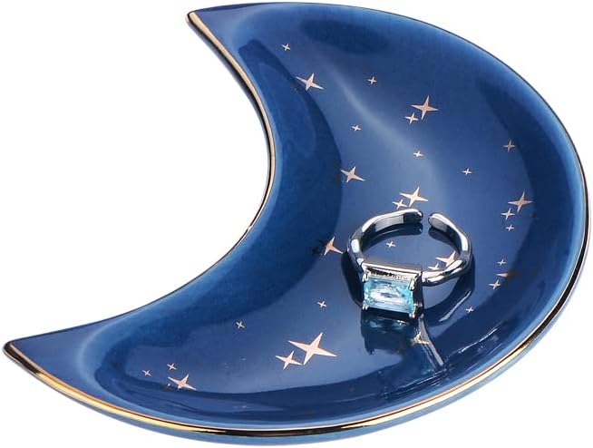Moon Shape Jewelry Tray, Engagement Ring Tray, Blue Ring Dish for Women in Vanity Bathroom. Decorative Trinket Tray for Organizing Necklace Earrings, Ceramic.