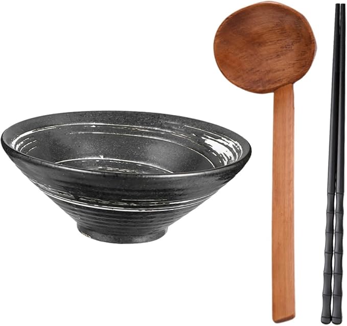 TOYANDONA Classic Ceramic Ramen Bowl Japanese Style Tableware for Soup Salad and Noodles Brush White Includes Wooden Spoon Chopsticks for Restaurants and Home Use