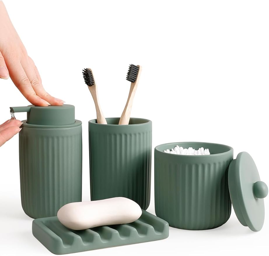 INGOFIN 4 Pcs Ceramic Bathroom Accessory Set - Liquid Soap Dispenser, Toothbrush Holder,Contain Cotton Swab Jar & Soap Dish,Countertop Accessories for Home, Guest Bathroom, Office, Matte Green