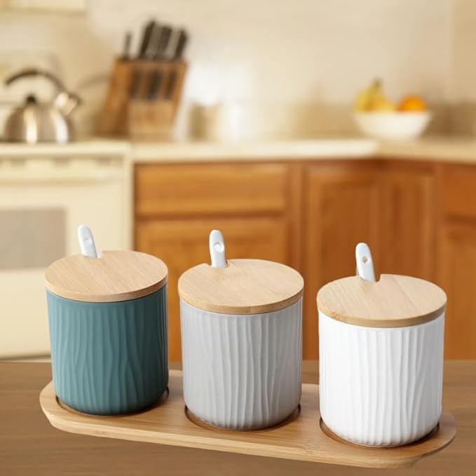 300ml Ceramic Sugar Bowl with Lid and Spoon,Grey Porcelain Salt Bowl Salt Container Bowl,Ceramic Spice Jar Seasoning Box Condiment Pot Honey Jar for Home Kitchen Coffee Bar