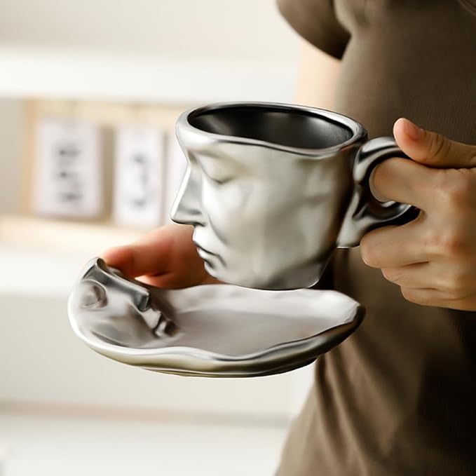 Abstract art teacup kissing lover stereo face sculpture coffee cup, 260ml ceramic coffee cup saucer(8.8oz)