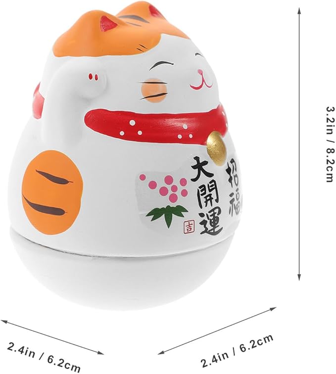 KICHOUSE Ceramic Maneki Neko Figurine Cat Tumbler Ornament with Orange Ears Small Desktop Lucky Cat Decor for Home Office Feng Shui