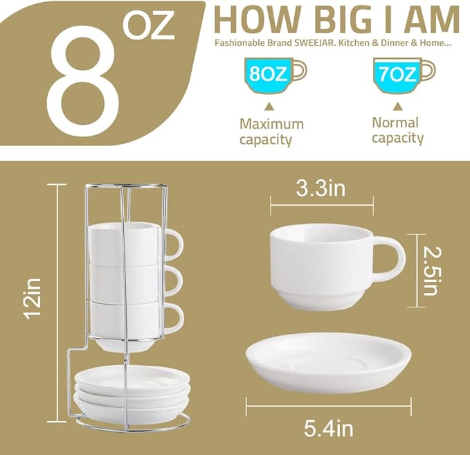 Sweejar Porcelain Cappuccino Cups with Saucers and Metal Stand, 8 Ounce Stackable Espresso Cups for Specialty Coffee Drinks, Latte, Americano, Tea - Set of 4 (Navy)